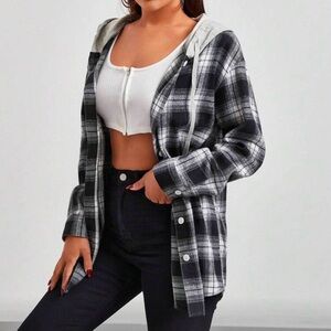 Black and Gray Plaid Hooded Jacket XS